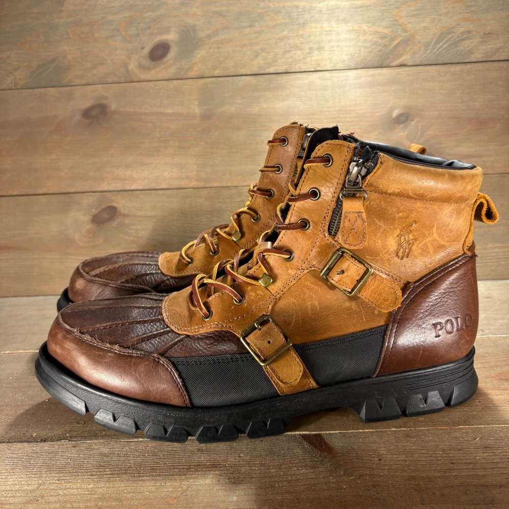 Polo Ralph Lauren Demond Mens size 15 shoes Brown Leather Buckle combat boots